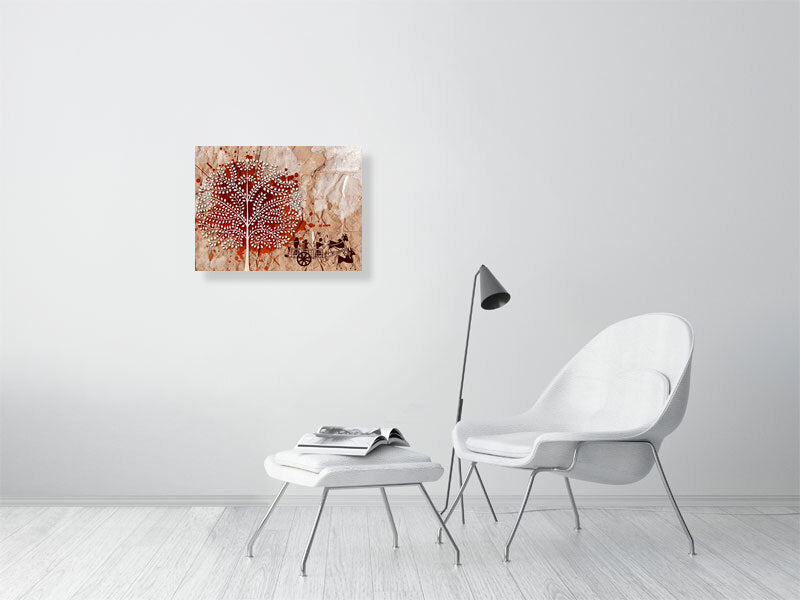 Artistic Stretched Tribal Fine Art Print, Rustic Home Decor, Nature-Inspired Art, Tree and Cart Design, Unique Gift for Art Lovers