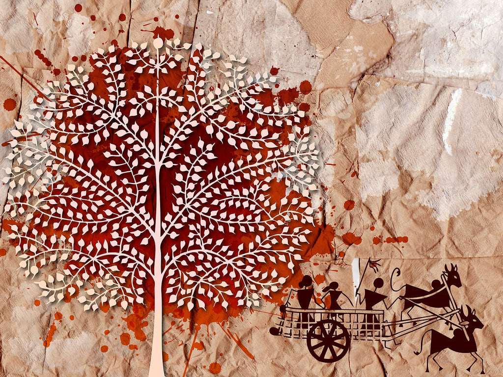 Artistic Stretched Tribal Fine Art Print, Rustic Home Decor, Nature-Inspired Art, Tree and Cart Design, Unique Gift for Art Lovers