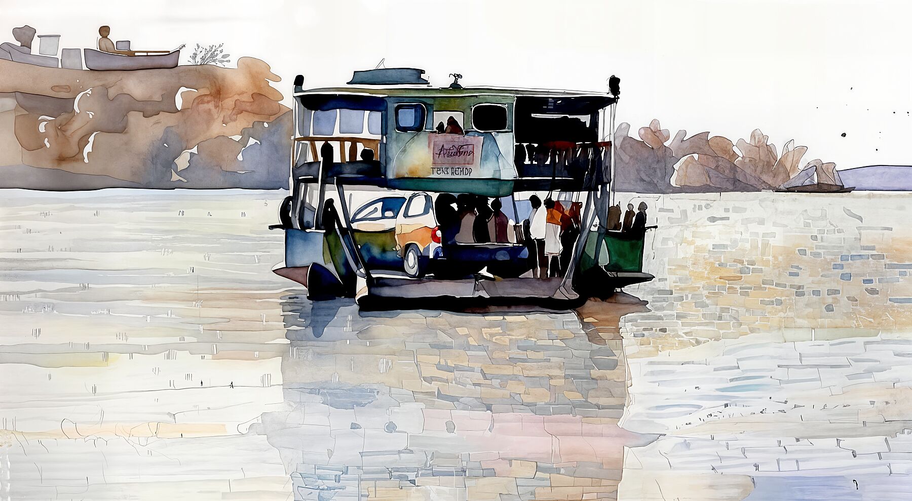 Watercolor Ferry Fine Art Print, Home Decor, Nautical Wall Art, Coastal Aesthetics, Boat Lover Gift, Interior Design