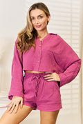Double Take Buttoned Long Sleeve Top and Shorts Set