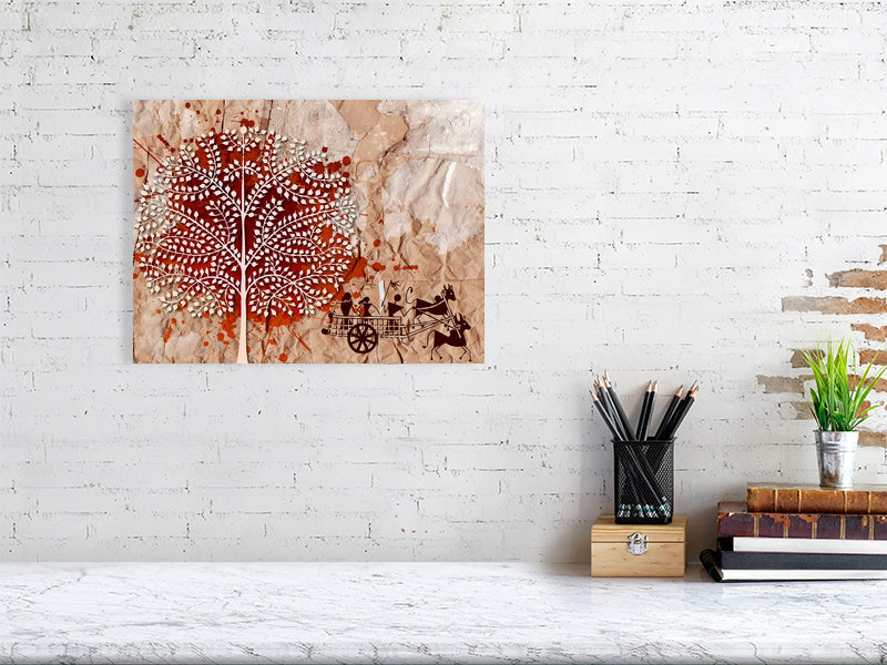Artistic Stretched Tribal Fine Art Print, Rustic Home Decor, Nature-Inspired Art, Tree and Cart Design, Unique Gift for Art Lovers