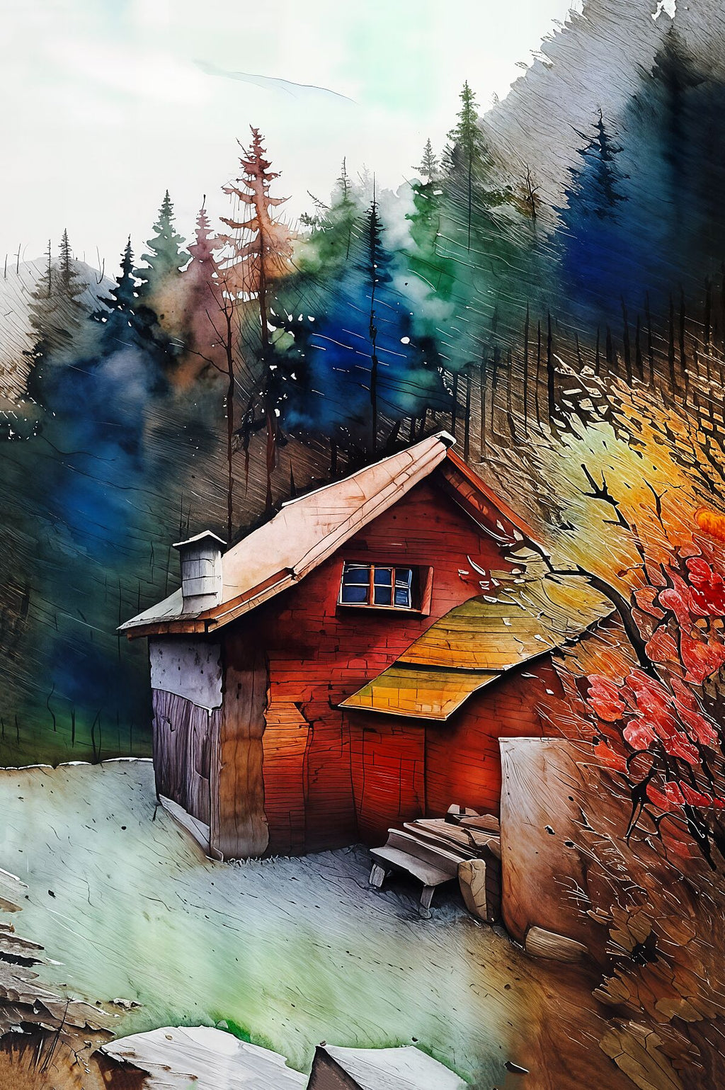 Artistic Fine Art Print: Cozy Cabin in Forest, Wall Art, Home Decor, Gift Idea, Nature Lover Decoration, Rustic Art