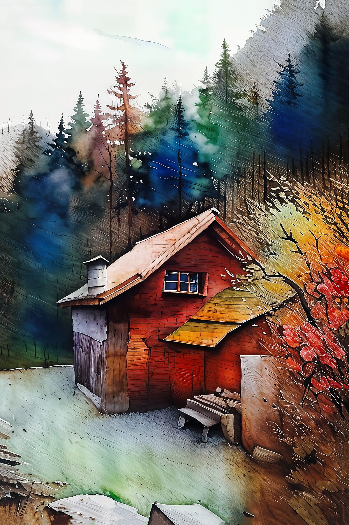 Artistic Fine Art Print: Cozy Cabin in Forest, Wall Art, Home Decor, Gift Idea, Nature Lover Decoration, Rustic Art