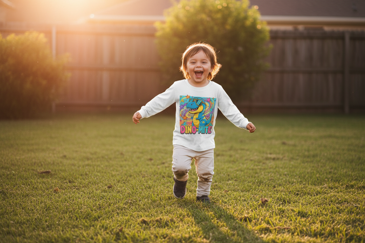 Dino Mite Kids Resilient Slogan Toddler Long Sleeve Tee | Cute Dinosaur Design