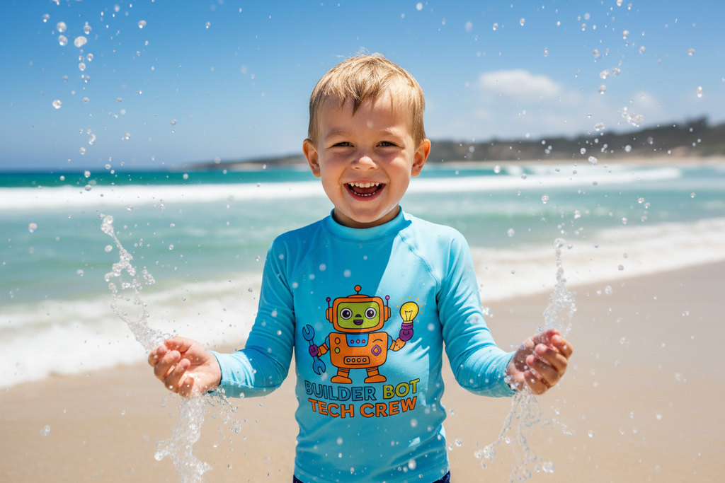 Builder Bot Tech Crew Kids Rash Guard - UV Sun Protection Swimwear