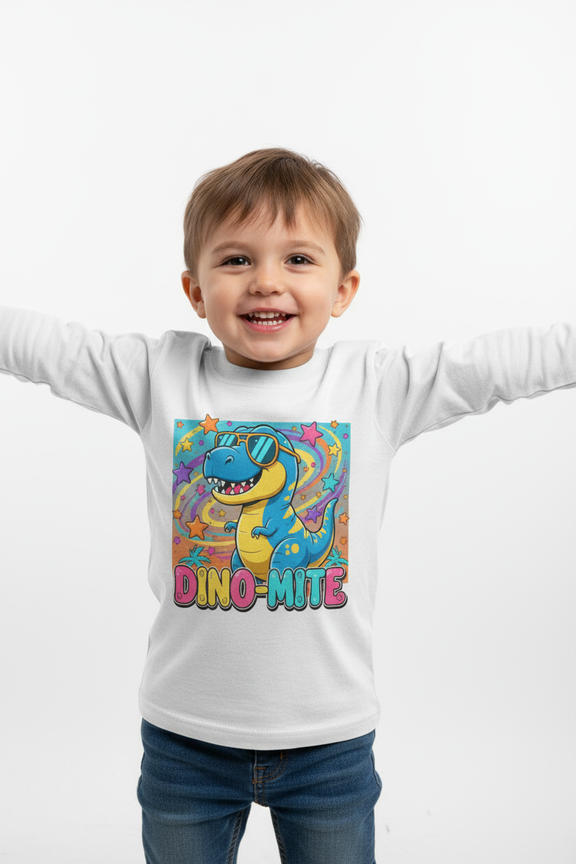Dino Mite Kids Resilient Slogan Toddler Long Sleeve Tee | Cute Dinosaur Design