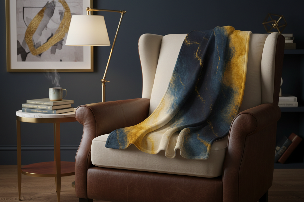 Navy Blue & Gold Abstract Throw Blanket | Luxury Home Decor