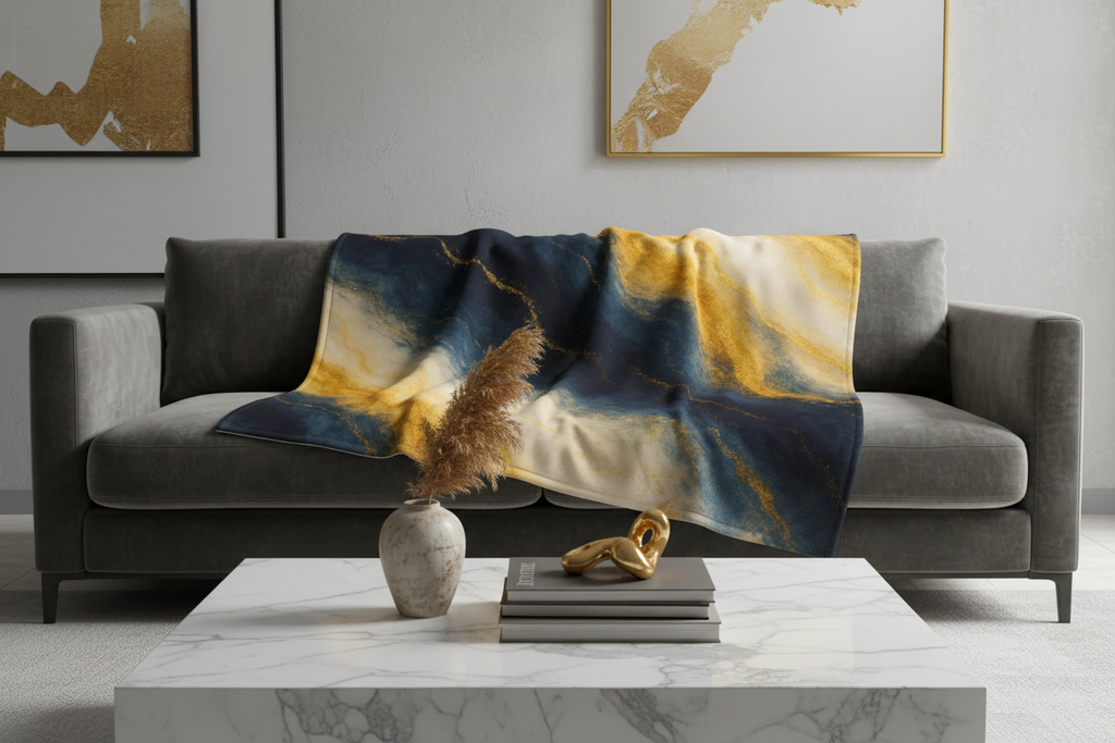 Navy Blue & Gold Abstract Throw Blanket | Luxury Home Decor