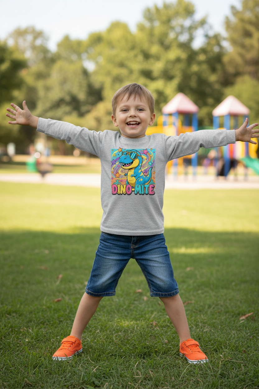 Dino Mite Kids Resilient Slogan Toddler Long Sleeve Tee | Cute Dinosaur Design