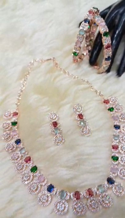 Latest Designer American Diamond Multicolor Jewelry Set