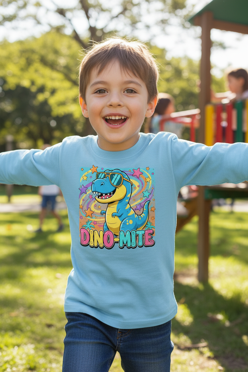 Dino Mite Kids Resilient Slogan Toddler Long Sleeve Tee | Cute Dinosaur Design