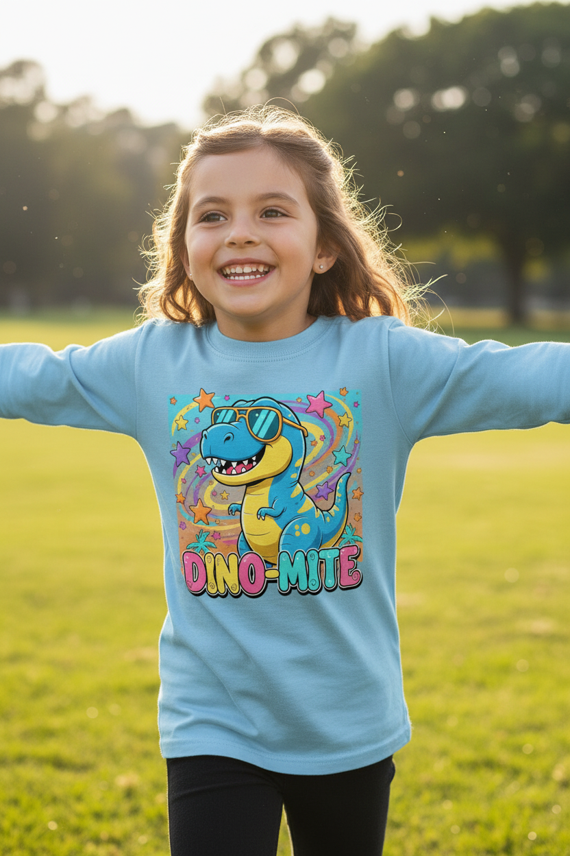 Dino Mite Kids Resilient Slogan Toddler Long Sleeve Tee | Cute Dinosaur Design