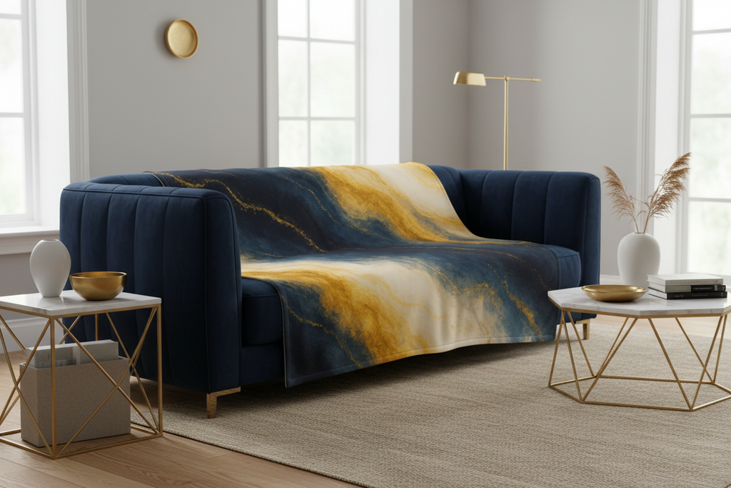 Navy Blue & Gold Abstract Throw Blanket | Luxury Home Decor