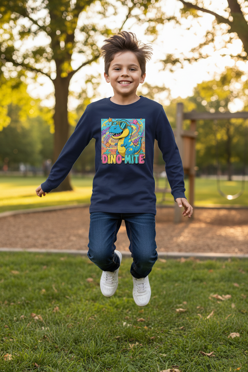 Dino Mite Kids Resilient Slogan Toddler Long Sleeve Tee | Cute Dinosaur Design
