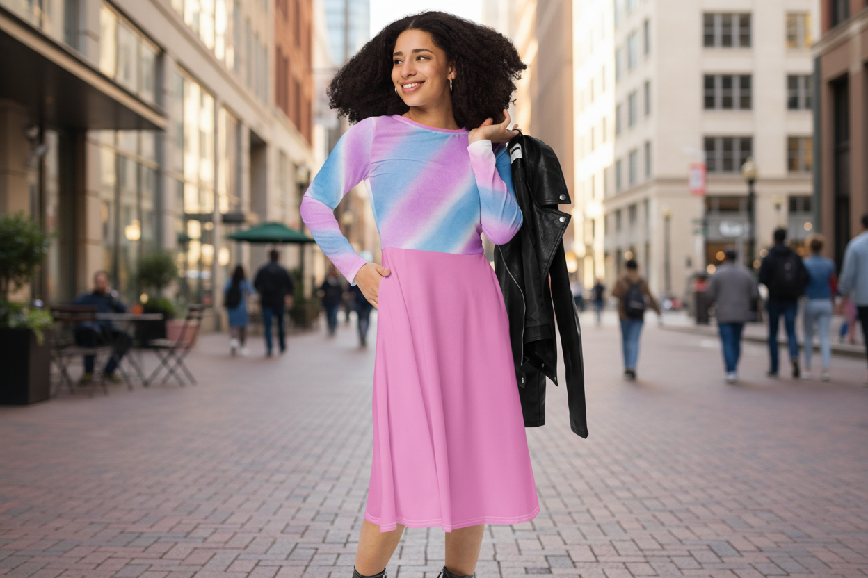 Long Sleeve Midi Dress - All-Over Print Women's Dress with Pockets