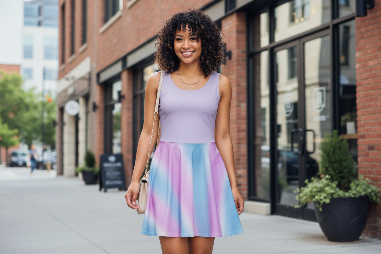 Pastel Gradient Skater Dress - Pink Blue Purple Ombre Dress