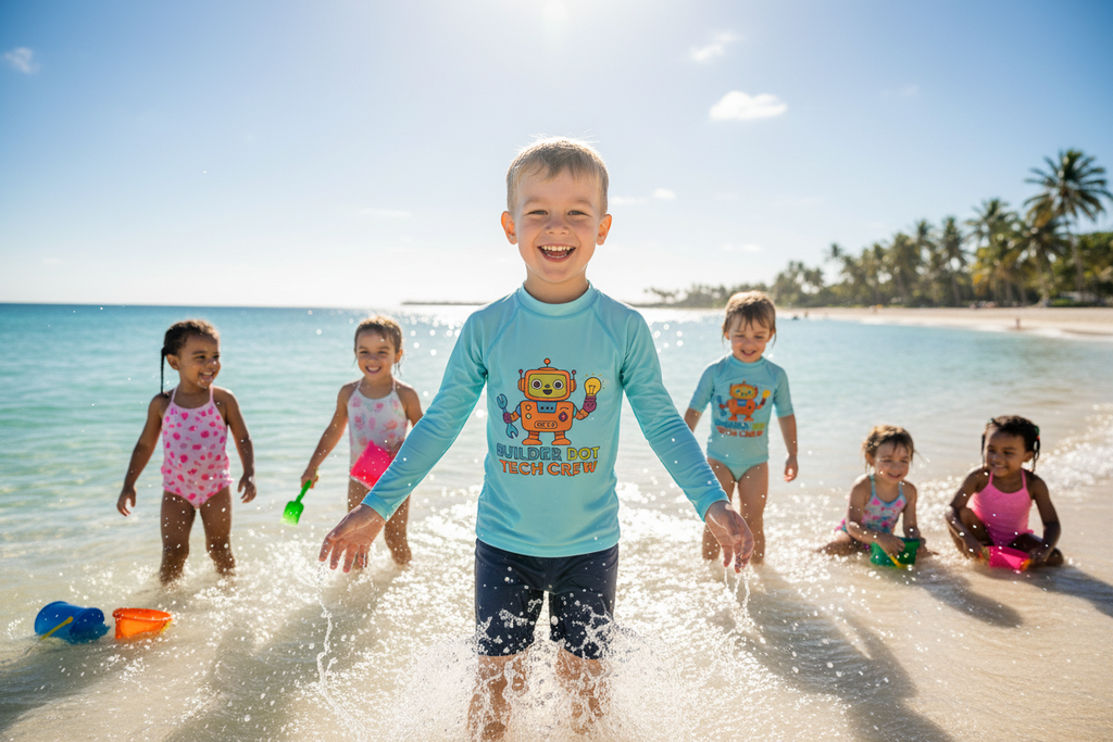 Builder Bot Tech Crew Kids Rash Guard - UV Sun Protection Swimwear