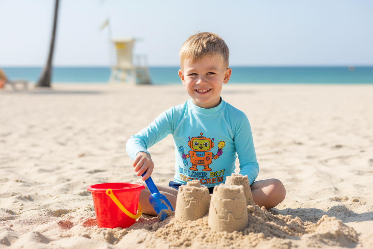 Builder Bot Tech Crew Kids Rash Guard - UV Sun Protection Swimwear
