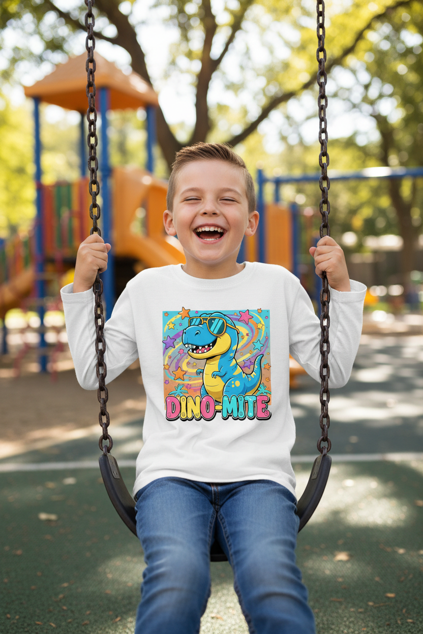 Dino Mite Kids Resilient Slogan Toddler Long Sleeve Tee | Cute Dinosaur Design
