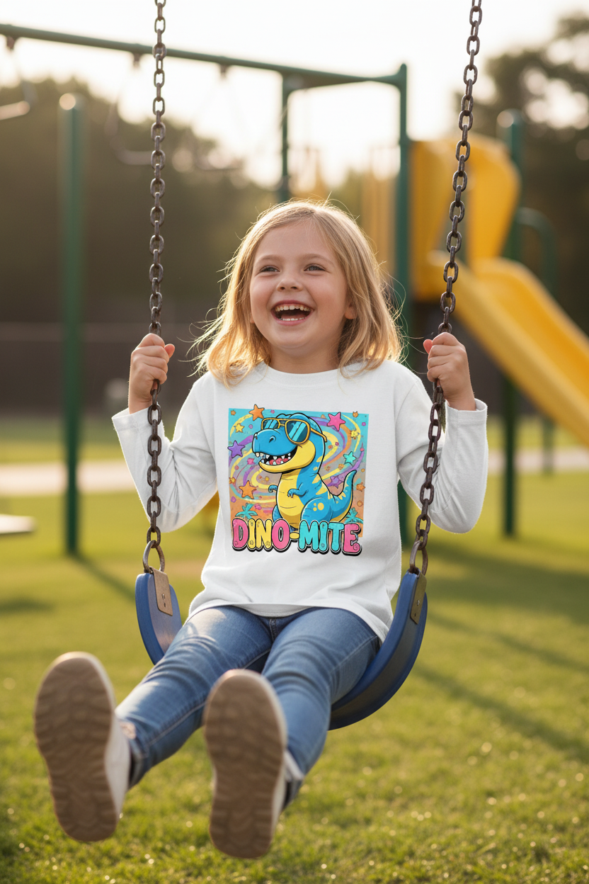 Dino Mite Kids Resilient Slogan Toddler Long Sleeve Tee | Cute Dinosaur Design